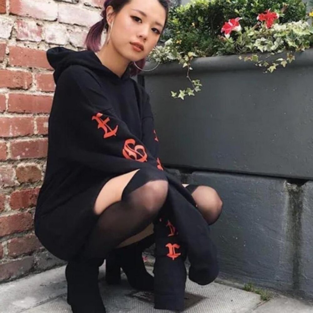 EGGIE HOODIE MINI DRESS BLACK NEO PUNK INDIE SKATER STREETWEAR SMALL